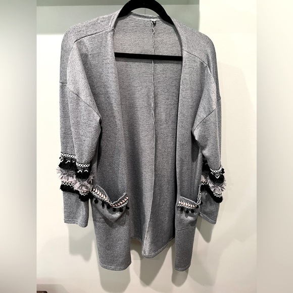 Womens Purfle Patchwork Tassels Knit Cardigan with Pockets LightGray, Small - Picture 1 of 7
